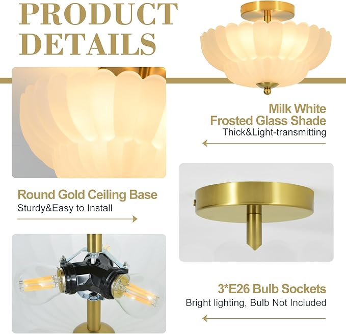 11.8 inch Kitchen Ceiling Light, 3-Light Semi Flush Mount Ceiling Lamp with Flower Glass, Modern Close to Ceiling Light Fixtures for Bathroom Bedroom Hallway Entryway, Milk White