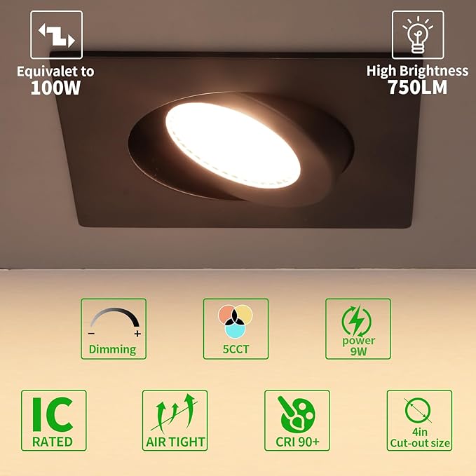KnLnny Ware Black Square Recessed Lighting 4 inch 6 Pack with Gimbal,Canless Eyeball Recessed Lightswith Junction Box,dimmable, 5CCT Selectable,9W 750LM