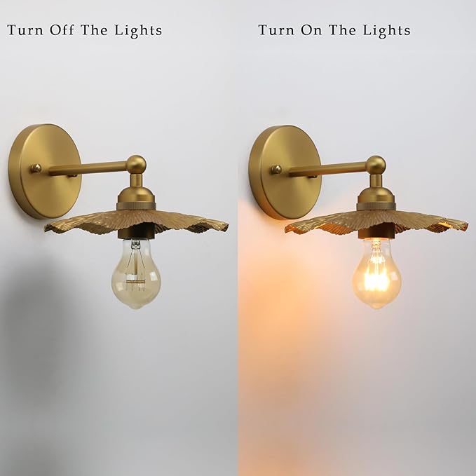 Phansthy Hardwired Wall Lighting, Barn Wall Sconces Antique Brass Indoor Wall Lights with Hammered Metal Lotus Leaf Texture Shade, Vanity Wall Lamp for Bathroom Bedroom Kitchen (One-Light 2 Pack)