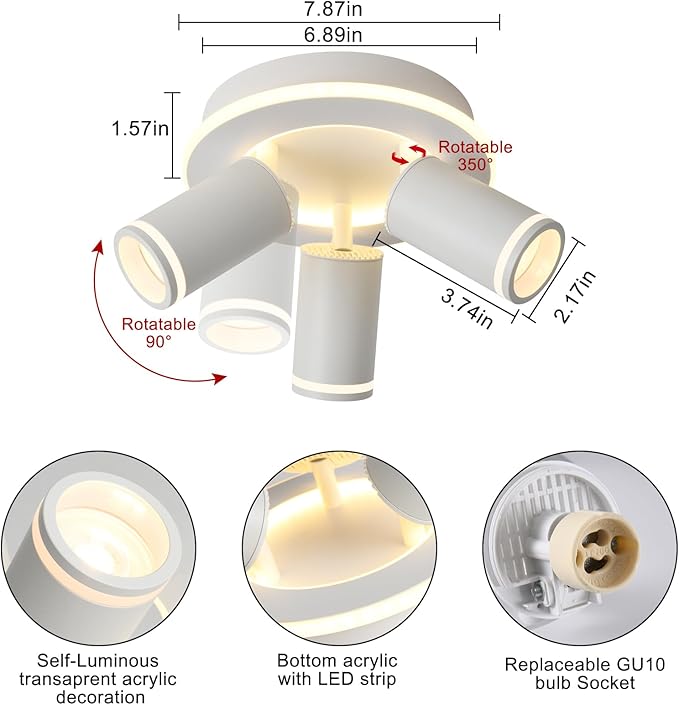 LED 3 Light Track Lighting Kit, White Round Ceiling Spot Lighting Fixture with Flexibly Rotatable Heads, Modern Spotlight for Kitchen, Living Room, Bedroom, Dual Lighting Design,Includes 3 x GU10 Bulb
