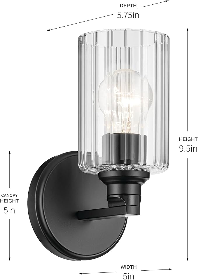 Kichler Gioe 5" 1-Light Wall Sconce Bathroom Light Fixture with Clear Fluted Glass in Black, Damp Rated for Powder Room, Kitchen, Hallway, Bedroom (5" W x 9.5" H), 55224BKFLU