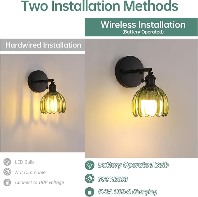 Shenmoyl Vintage Battery Operated Wall Sconce with Green Tulip Glass Lampshade Rechargeable Battery Powered Black Wall Light with Remote Control for Bedside Bedroom Doorway