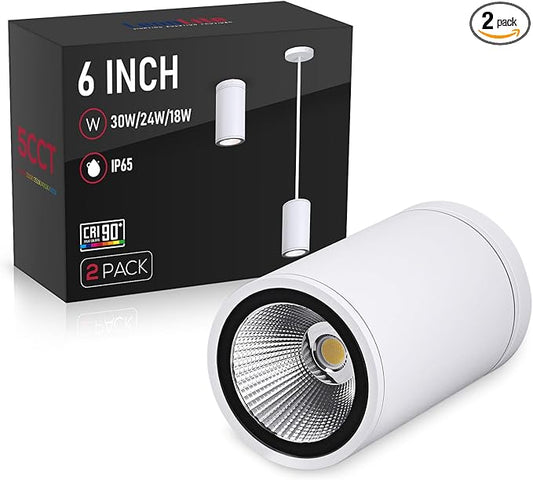 LEONLITE 5CCT 6 Inch LED Tube Architectural Pendant Downlight, Stem Mount & Surface Mount Available, 120-277V, CRI90 Dimmable Commercial Cylinder Pendant Light, 3-Wattage Selectable, White, Pack of 2