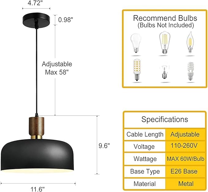 Modern Black Pendant Light Over Kitchen Island,Industrial Pendant Lighting,Adjustable Wood Ceiling Hanging Light Fixture for Dining Room,Living Room,Bedroom,Hallway,Sink,Bar