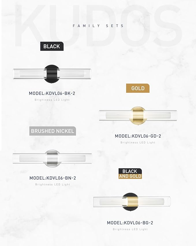 kudos Black and Gold Bathroom Sconces Wall Lighting, Bathroom Vanity Light, Modern Wall Lights with Clear Glass and Frosted Glass for Bathroom Bedroom Hallway, KDVL06-BG-2