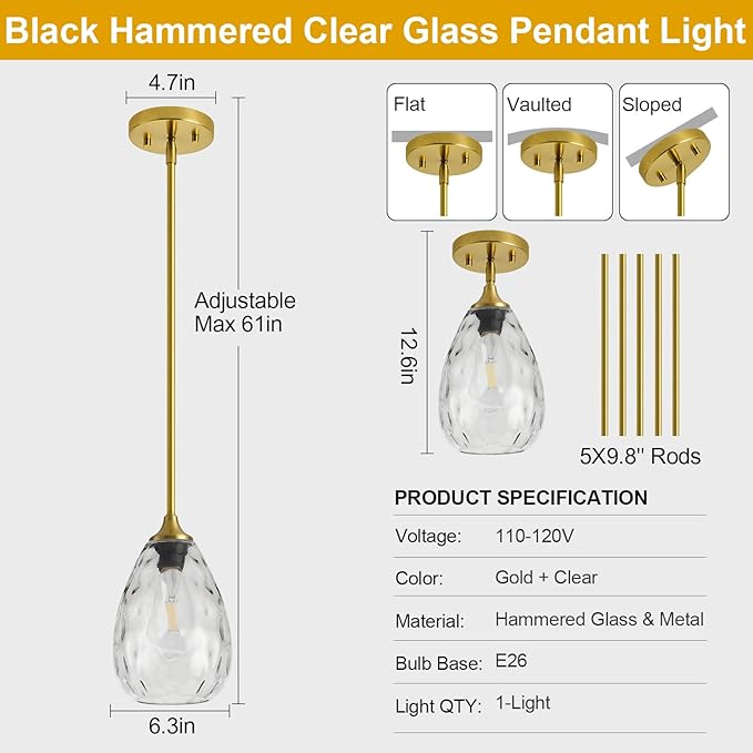 Glass Pendant Lights Kitchen Island, 6.3in Small Modern Gold Pendant Light Fixtures with Hammered Clear Glass, Hanging Lighting for Kitchen Over Sink Dining Room Bedroom