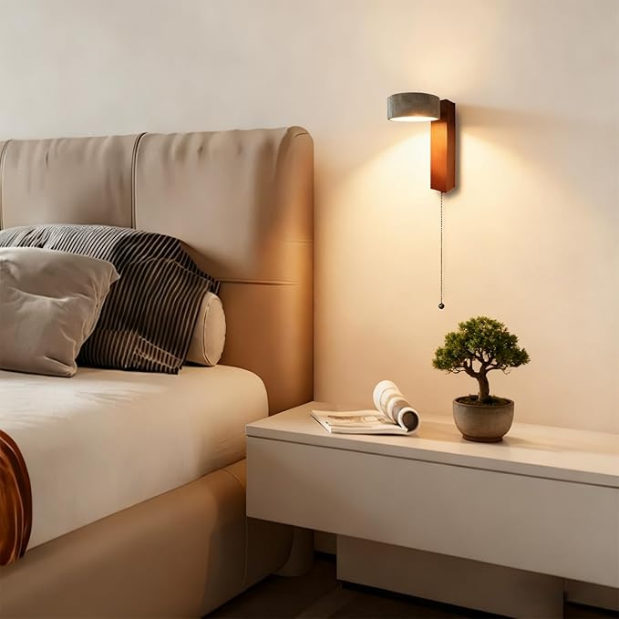 LED Wood Wall Sconce with Pull Chain Switch, Black Walnut Base with Rotatable Yellow Travertine Stone Lampshade, Built-in LED Light, Modern Rustic Bedside Wall Light for Bedroom, Living Room, Hallway