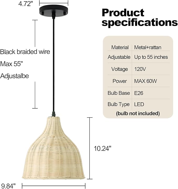 TERLEENART Hard Wired Rattan Pendant Lights Set of 2,Boho Wicker Chandelier with 9.84” Dome Shade, Basket Hand Woven Hanging Lamp for Coastal Kitchen Island Dining Room Living Room Bar Foyer Hallway