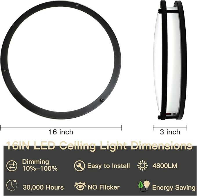 16Inch LED Ceiling Light Fixtures 2 Pack, 48W Flush Mount Ceiling Light, 4800LM Super Bright Ceiling Mount Light, Dimmable Black Ceiling Light 5CCT Ceiling Lamp for Hallway Kitchen Bedroom