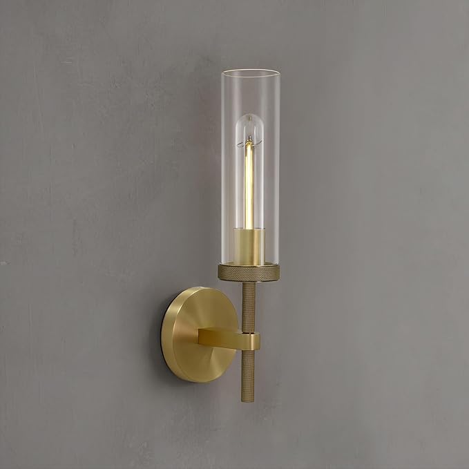 Brass Wall Sconces Lights Indoors, 14" Knurled Linear Sconce, Gold Bathroom Wall Sconces, Glass Tube Vanity Sconces Wall Lighting, Wall Lights for Mirror, Living Room, Bedroom, Hallway