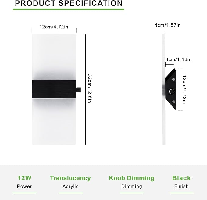 Lightess Indoor Wall Sconce with Switch 12W LED Modern Wall Light, Acrylic Dimmable Wall Lamp, Black Wall Mounted Lighting Fixture for Bedroom Living Room Hallway, Warm White, 1 Pack