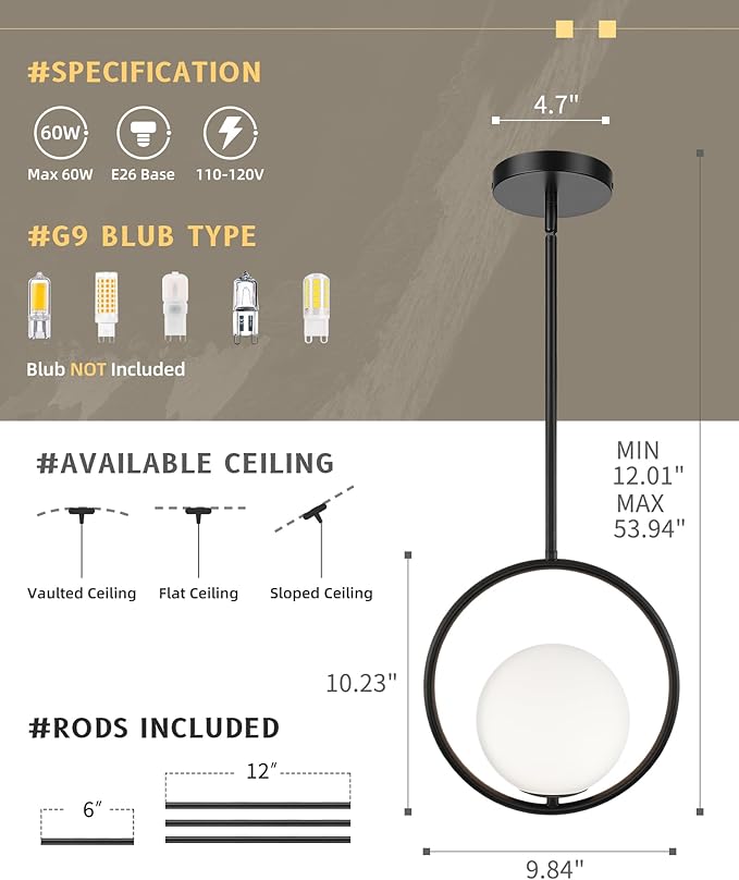 AUTELO 1-Light Pendant Lights Kitchen Island, Matte Black Glass Pendant Lights with Milky White Globe Hanging Lamp, Adjustable Rods for Kitchen Bar Dining Room, H9380 MGBK