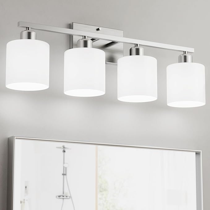 Bathroom Lights Over Mirror Brushed Nickel, Anti-Rust 4-Light Bathroom Vanity Light Fixtures, Modern 24Inches Wall Sconces E26 Base, Milky White Glass Shades, Bulbs Not Included
