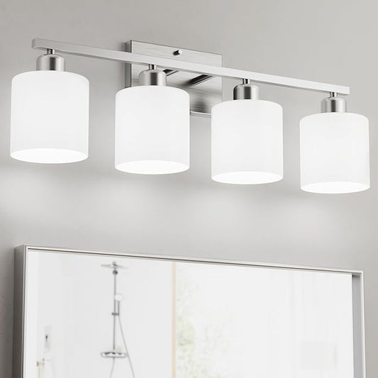 Bathroom Lights Over Mirror Brushed Nickel, Anti-Rust 4-Light Bathroom Vanity Light Fixtures, Modern 24Inches Wall Sconces E26 Base, Milky White Glass Shades, Bulbs Not Included