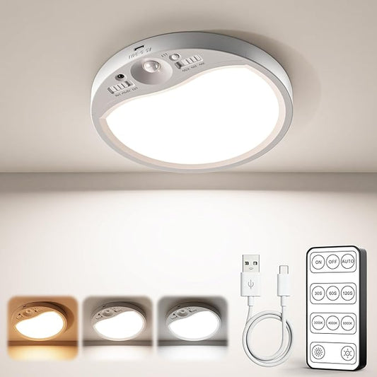 TANBABY Rechargeable Motion Sensor Ceiling Light Indoor with Remote, 3-Color Wireless Battery Operated Lights, 7'' Slim Ceiling Light Adjustable Motion Timer 30s/60s/120s for Closet Shower Hallway