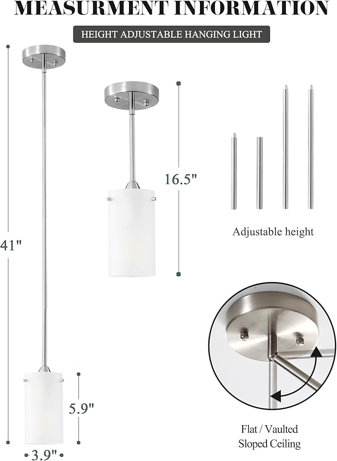 Mini Pendant Light Fixture 1-Light, 2 Pack Brushed Nickel Hanging Ceiling Lights with Opal White Glass, Adjustable Height, Modern Hanging Pendant Lamp for Kitchen Island