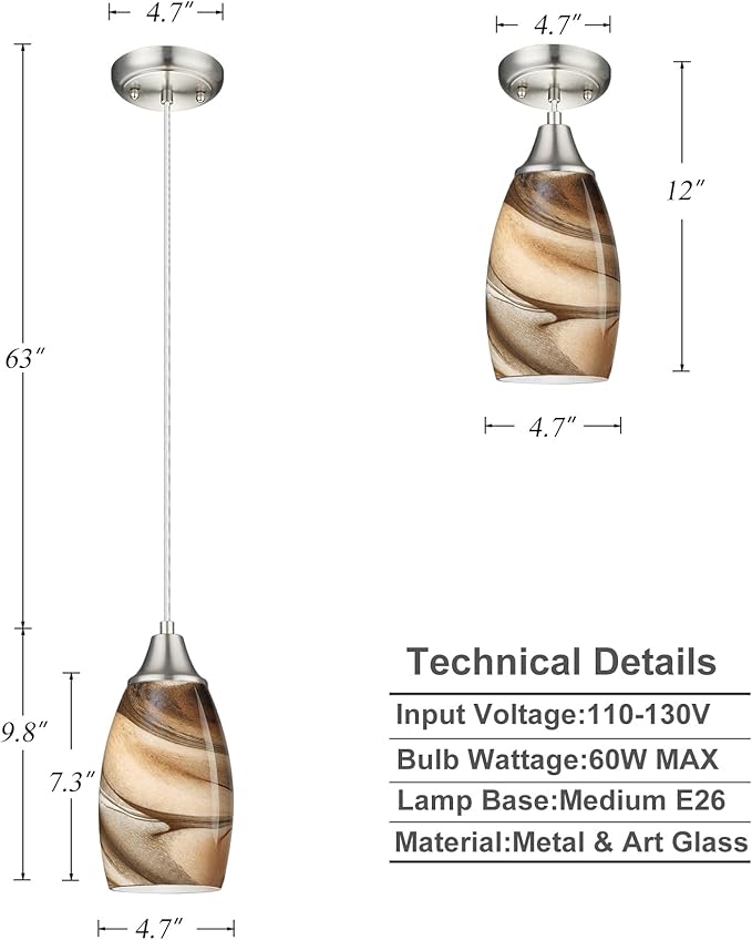 karyfine Mini Pendant Lights Kitchen Island Light Brown Glass Lamp Shade Hand Blown Glass Pendant Light with Brush Nickel Finish Adjustable Cord for Kitchen Over Sink, Dining Room (Light Brown-3P)