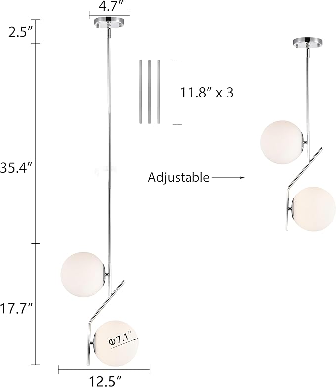 Mid Century Modern Pendant Light for Kitchen Island, 7.1 Inch Opal Glass Globe Hanging Light with Chrome Finish, Adjustable Height, E26 Base, Dining Room Ceiling Lighting
