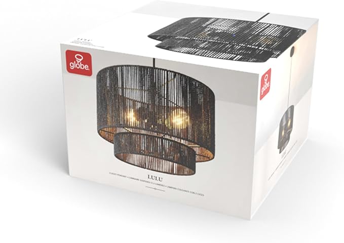 Globe Electric 67000102 2-Light Pendant Light Fixture, Matte Black, Paper Twine Shade, Braided Fabric Cord, Kitchen Island Lighting, Living Room Pendant Light, Hanging Lights for Bedroom