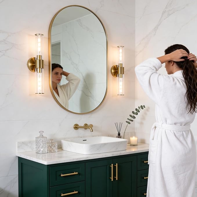 Brushed Gold Wall Sconces Set of 2 (Hardwired Only), Bathroom Vanity Light Fixtures, Modern Cylinder Glass Wall Lights for Mirror 28-40 in Height, NOT Battery Operated, E26 Base (Bulbs Not Included)