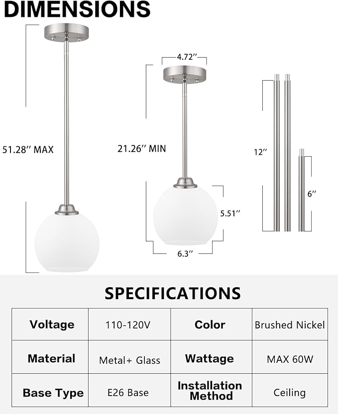 Modern Pendant Light Fixtures 2 Pack, Brushed Nickel Pendant Lights with Milk Frosted Shade,Pendant Lights Kitchen Island, Kitchen Pendant Lighting Over Island, Hanging Lights for Kitchen