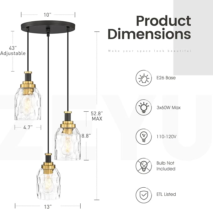 zeyu Adjustable Modern Cluster Pendant Light for Kitchen Island, 3-Light Pendant Lighting, Black and Gold Finish with Water Ripple Glass Shade, ZG33-3 BK+BG-WG