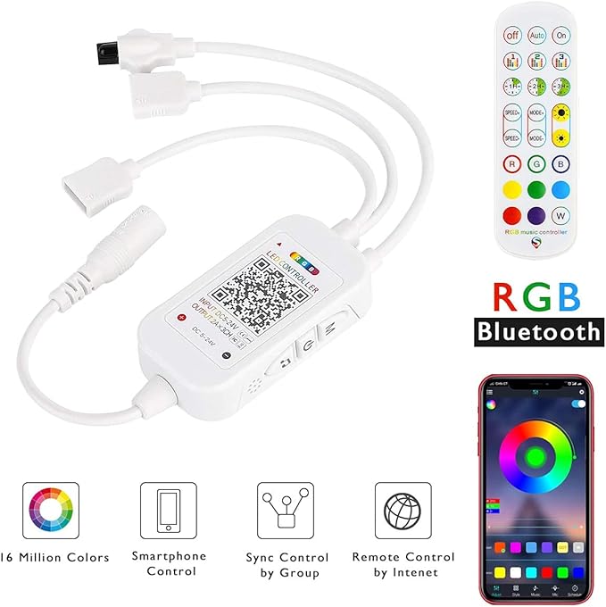 SUPERNIGHT 2 in 1 RGB LED Strip Light Controller, App Controlled Smart Music Controller for Android and iOS, DC 5V-24V RGB Strip