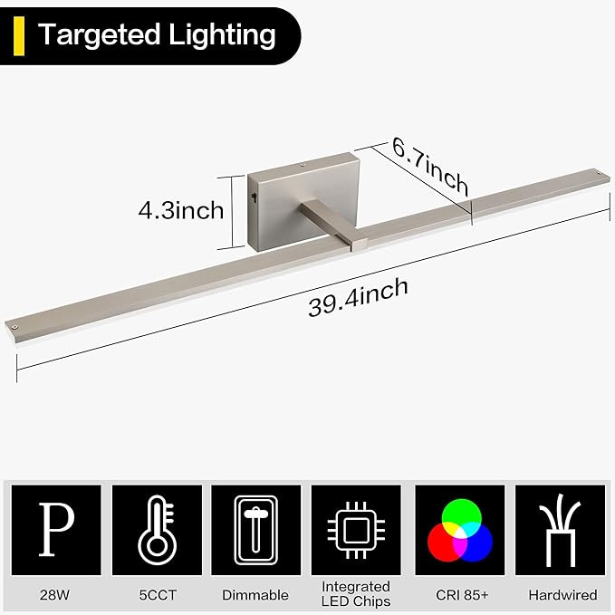 ZUZITO 40 Inch Bathroom Vanity Lights Over Mirror Brushed Nickel Arm Over Cabinet Wide LED Bar 5CCT 2900K 6000K High Lumen IP44