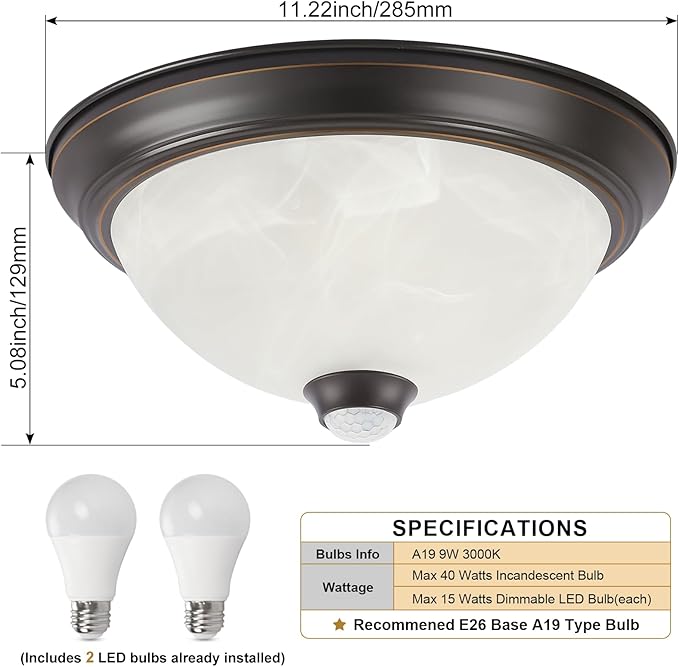 Motion Sensor Outdoor Ceiling Light with Remote, Dusk to Dawn Flush Mount Porch Light with 4 Modes, Close to Ceiling Light Fixture 2 LED Bulbs Included for Patio/Garage/Hallway