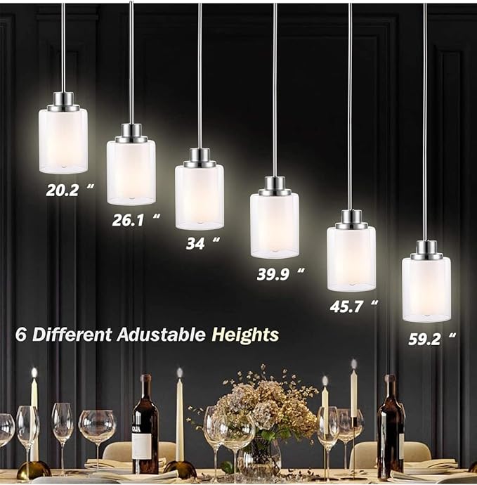 1-Light Mini Pendant Light Fixtures, 3 Pack Modern Brushed Nickel Hanging Ceiling Light with Dual Glass, Adjustable Height