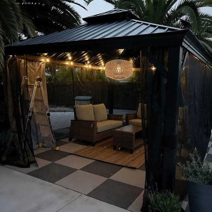 Battery Operated Pendant Light Outdoor Chandelier for Gazebo Hanging Lamp with Remote Timer Powered by 4*AA Batteries Boho Rattan Lampshade LED Lantern for Garden Farmhouse Porch Patio Backyard Decor