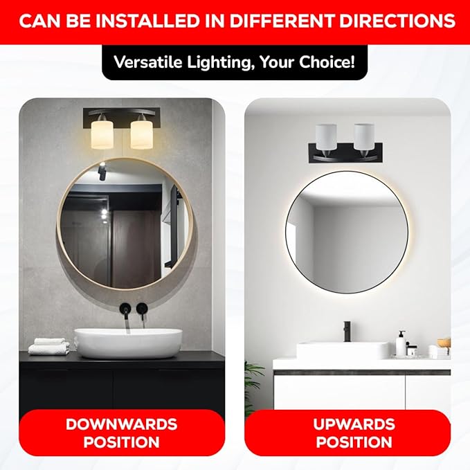 Hollywood Style Modern Wall Mount Lighting, Bathroom Vanity Light Bar, Interior Fixtures with Modern Glass Shade, Lights Over the Mirror (Matte Black, 2-Lights)