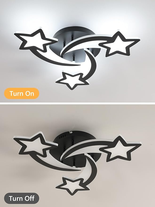 Goeco Kidsroom Ceiling Light, 3 Light Mode Black Acrylic Close to Ceiling Light Fixtures, Stars Creative Cartoon Flush Mount Ceiling Lamp Fixture for Kids Room, Bedroom, Living Room