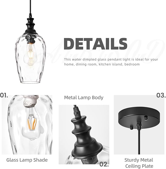 Glass Pendant Lights Kitchen Island Hanging Lighting Fixtures, Transparent Water Ripple Glass Lamp Shade Farmhouse Pendant Light Fixtures, Black Pendant Light for Kitchen, Sink, Dining Room
