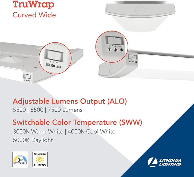 Lithonia Lighting TruWrap 4 Foot LED Ceiling Light Fixture, Low-Profile Wraparound LED Shop Light, Adjustable Lumens, Selectable Warm White/Cool White/Daylight Color, Curved Diffuser, Wide Width