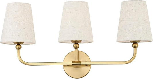 3-Light Bathroom Light Fixtures, Brushed Gold Vanity Lights with Linen Fabric Shade, Modern Sconces Wall Lighting for Hallway Bedroom, Upward Lighting, VL837-BG-A-3
