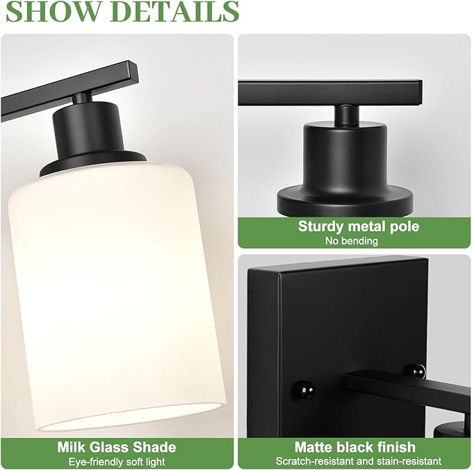 MOKATNG Set of 2 Wall Sconces for Bathroom,Black Modern Vanity Lights with White Glass Shade,Bathroom Wall Lamp for Mirror Kitchen Living Room Hallway Cabinet Porch
