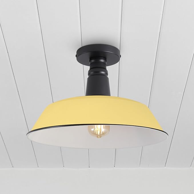 JONATHAN Y 14" Matte Yellow/Black 1-Light Industrial LED Semi Flush Mount Ceiling Light for Porch, Kitchen, Entryway, Modern Farmhouse Iron Fixture, White Metal Shade, LED Bulb Included (JYL7617H)