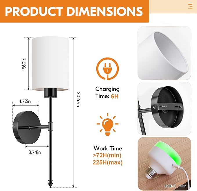 NIORSUN Battery Operated Wall Sconce Set of 2, Black Wireless Rechargeable Wall Lights with 5200mAh Dimmable Detachable Bulbs and Remote, 9 Colors Sconces Wall Decor for Bedroom Living Room Hallway