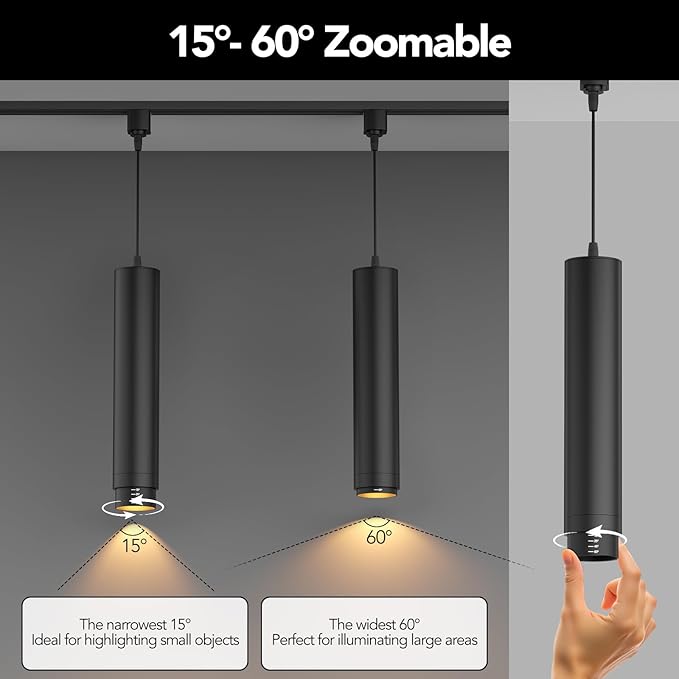 Remote Control H Track Pendant Lights with Adjustable Cord, H Type Track Lighting LED Pendants Lights Fixtures, 15°-60° Zoomable 2700K-6000K, Dimmable CRI97+ 10W 1000LM, Black (3 Pack)