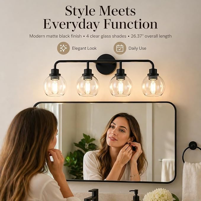 DORESshop Built to Last 20 Years Bathroom Light Fixtures, 4-Light Vanity Lights Over Mirror, Black Wall Lamp with Clear Glass for Living Room Decor Bedroom Porch Cabinet