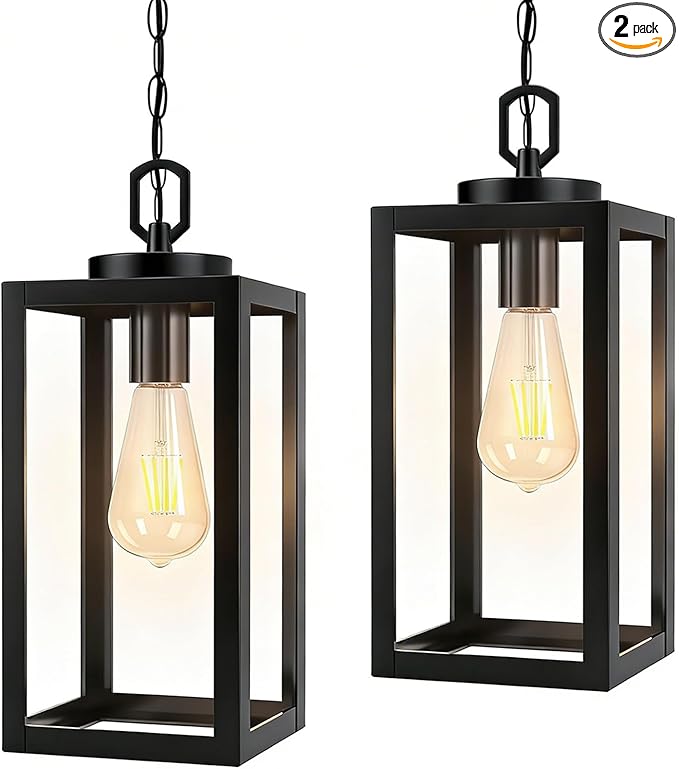 2 Pack 13" Outdoor Pendant Light for Porch,Black Lantern Hanging Chandelier with Adjustable Chain, Anti-Rust Exterior Hanging Ceiling Fixture for Hallway,Front Door,Entryway Patio.