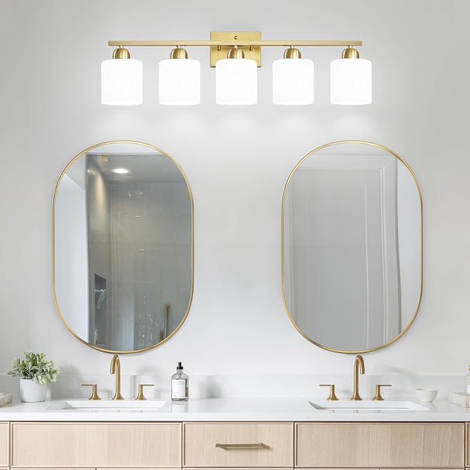 Bath Vanity Lights for Mirror, Restroom Lights Fixtures with Milky White Frosted Glass Shades,Bathroom Over Sink Light Fixtures, Bathroom Light Fixtures Over Mirror (Gold, 5-Light)