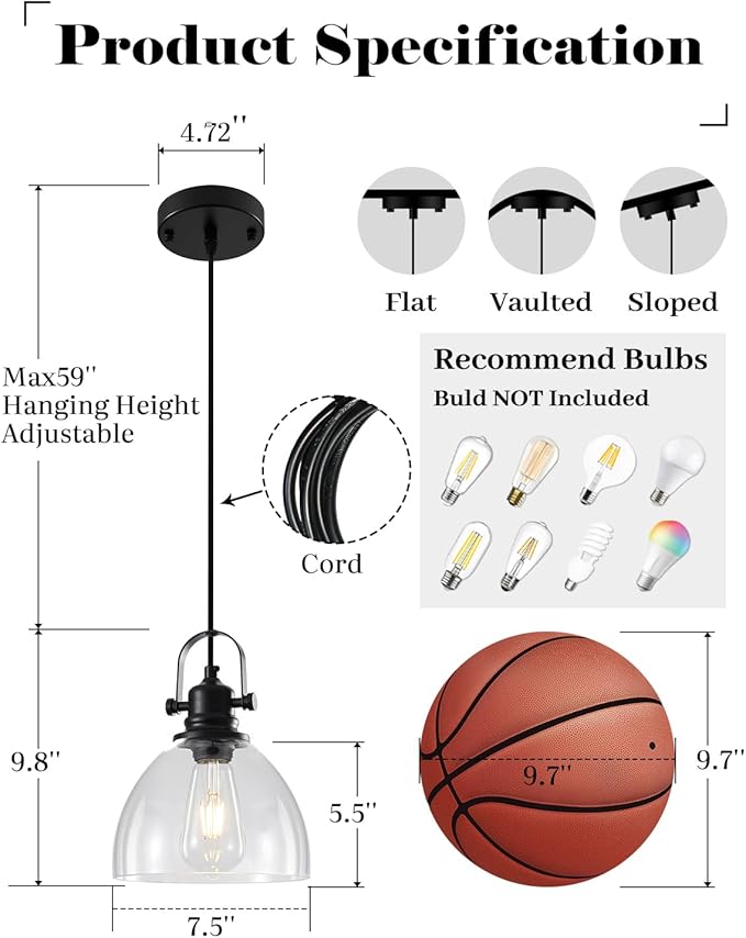 Kitchen Pendant Lights Over Island, 7.5 inch Farmhouse Glass Pendant Light, Industrial Black Pendant Lights Kitchen Island 1-Pack, Hanging Kitchen Pendant Light for Dining Room,Bar, Cafe