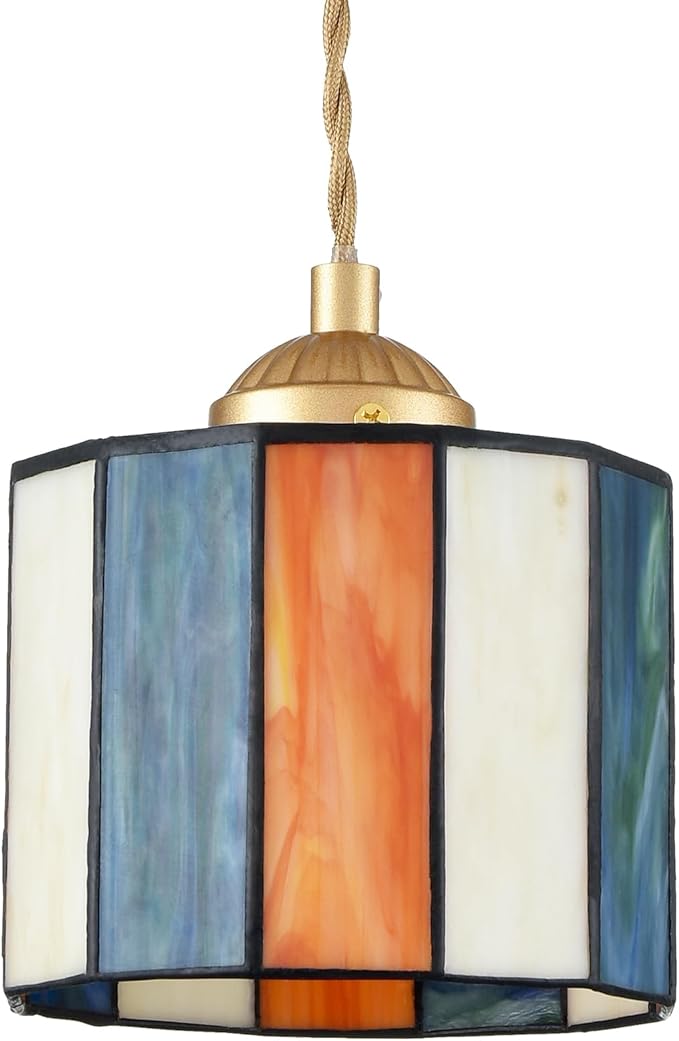 Tiffany Pendant Light Fixture 5.5-Inch Cylinder Stained Glass Pendant Lighting Vintage Tiffany Style Hanging Ceiling Light for Kitchen Island Dining Room Bar Hallway Home Office