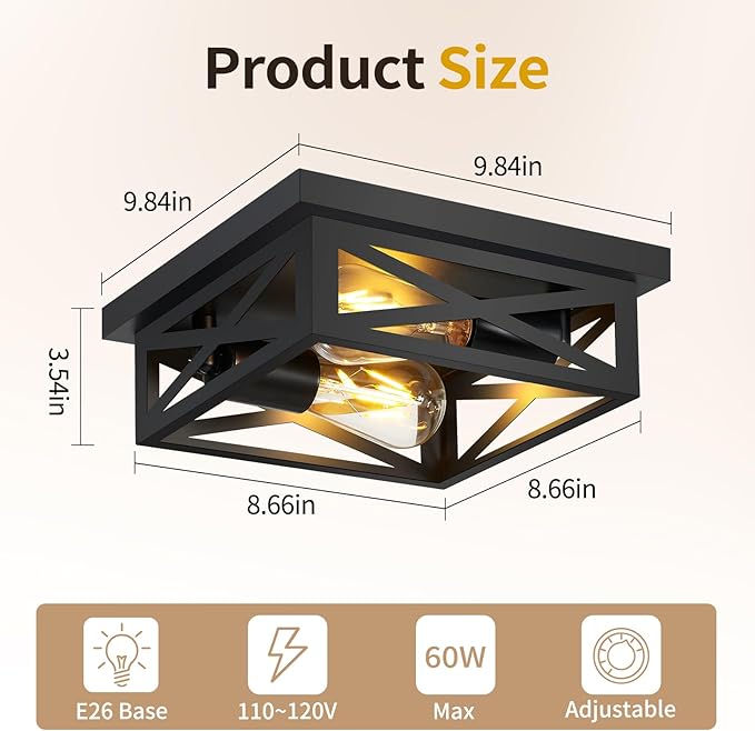ZHU YAN Farmhouse Ceiling Lights Flush Mount,2-Light Hallway Light Fixtures,Square Black Flush Mount Ceiling Light Fixture for Bedroom Living Room Kitchen Hallway E26