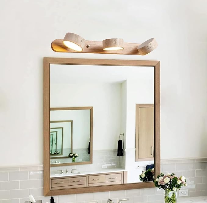 Farmhouse Wood Vanity Light Fixture Nordic Style Stone Wall Lamp Natural Travertine Shade Linear Bathroom Wall Sconce 3 Lights Rotatable LED Wall Light Over Mirror - Natural Wood Color