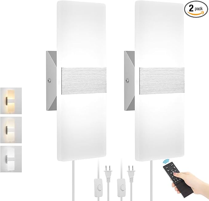 GOODATE Plug in Wall Sconces with Stepless Adjustable 3000K-6500K Colors and 10%-100% Brightness, Sconces Wall Lighting with Remote Control 12W Acrylic LED Wall Lamp with 6FT Plug in Cord, 2 Pack