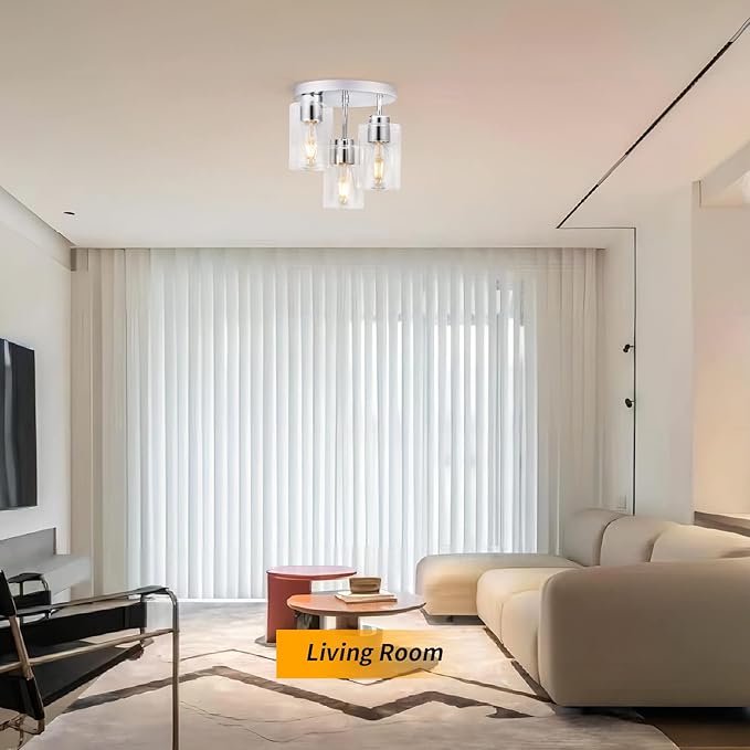 Semi Flush Mount Ceiling Light 3-Light Chrome Flush Mount Ceiling Light Fixtures with Clear Glass Shade, Modern Kitchen Ceiling Light for Bedroom Stairs Porch Hallway Entryway, E26 Socket
