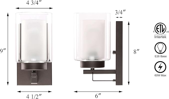 XiNBEi Lighting Wall Light 1 Light Bathroom Vanity Lighting with Dual Glass Shade in Dark Bronze Indoor Wall Mount Light XB-W1195-1-DB